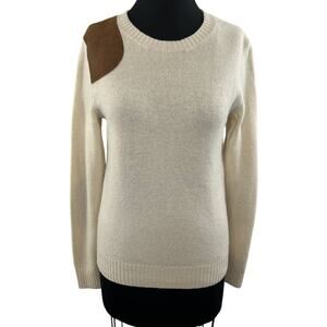Ralph Lauren Blue Label Cream Merino Wool Angora Pullover Suede Patch Sweater L